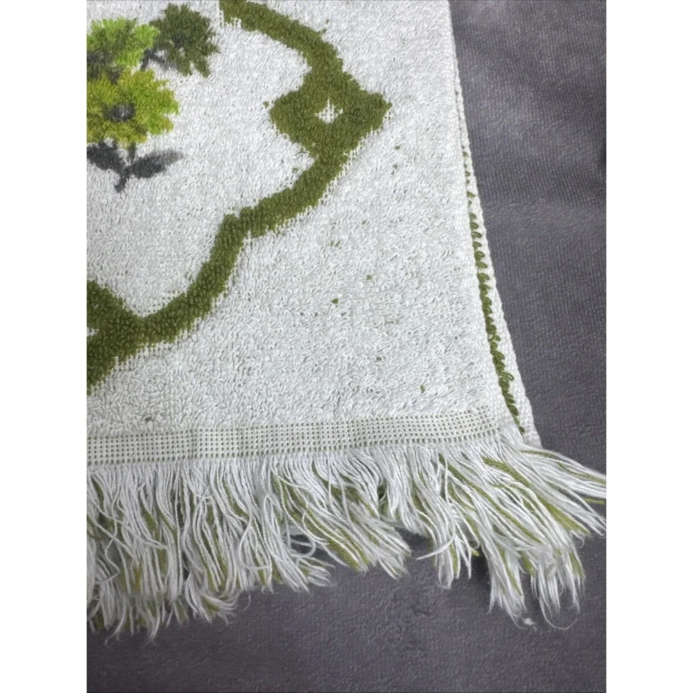 Fashion Manor  Green & White Vintage Floral Fringe‎ Towel Set Cotton Retro